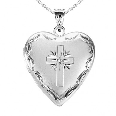 Sterling Silver Cross Heart Photo Locket with CZ