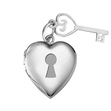 14k White Gold Key Charm Heart Photo Locket