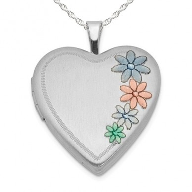 Sterling Silver Colored Floral Heart Photo Locket 