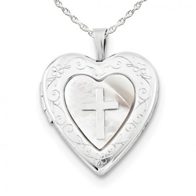 Sterling Silver Heart Locket with Mother of Pearl & Cross