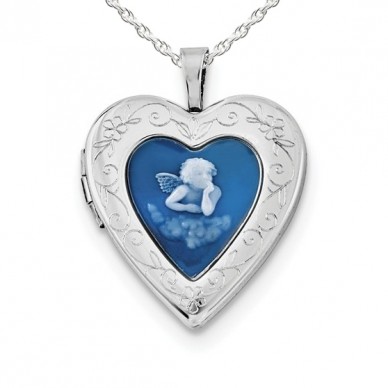 Sterling Silver Angel Cameo Heart Photo Locket 