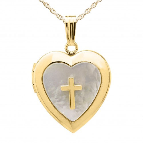 Gold Filled Mother of Pearl Cross Heart Locket