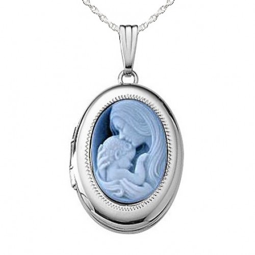 14k White Gold Mother & Child Cameo Oval Photo Locket