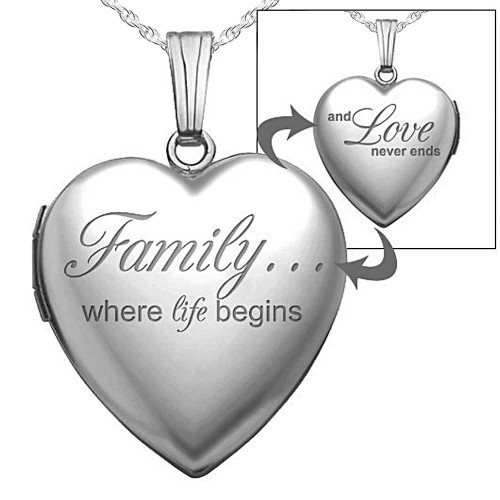 14K White Gold "Family Love" Heart Photo Locket