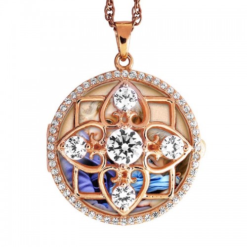 Rose Gold Plated Round Photo Locket with Cubic Zirconias with Chain Included
