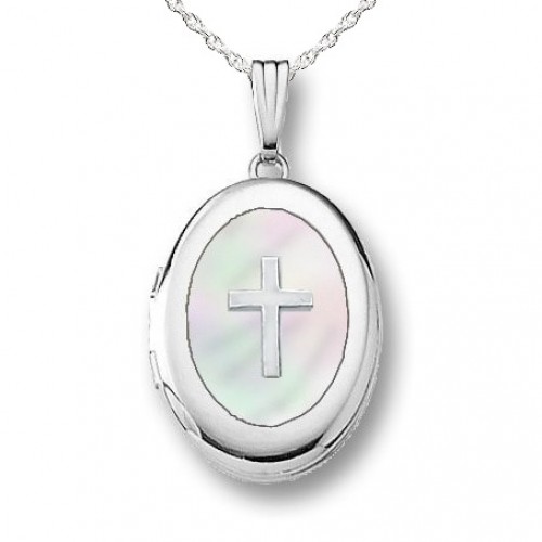 14k White Gold Mother of Pearl Cross Oval Photo Locket