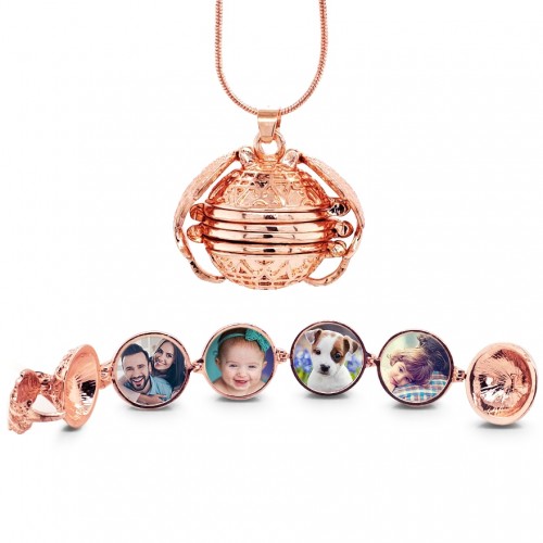 Stainless Steel Rose Gold Plated Expandable 4 Photo Ball Locket with Chain