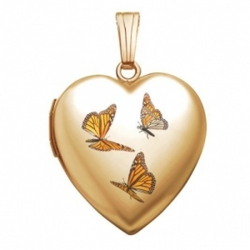 14K Gold Monarch Butterfly Heart Photo Locket