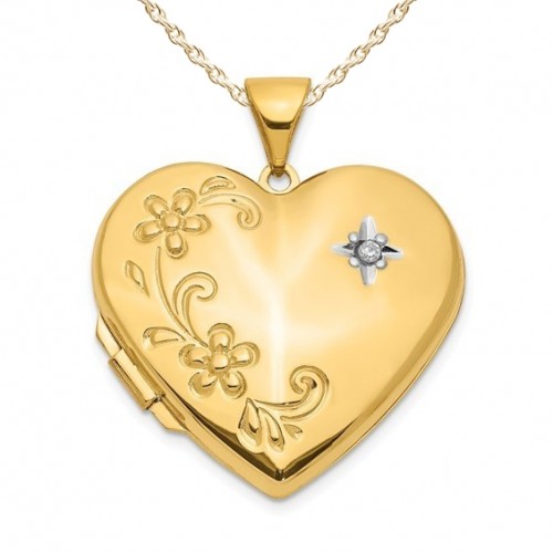 14K Gold Floral Heart With Diamond Photo Locket