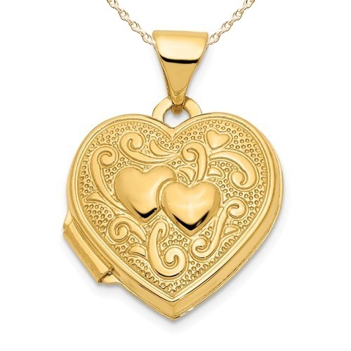 14K Gold Two Small Hearts Floral Heart Photo Locket
