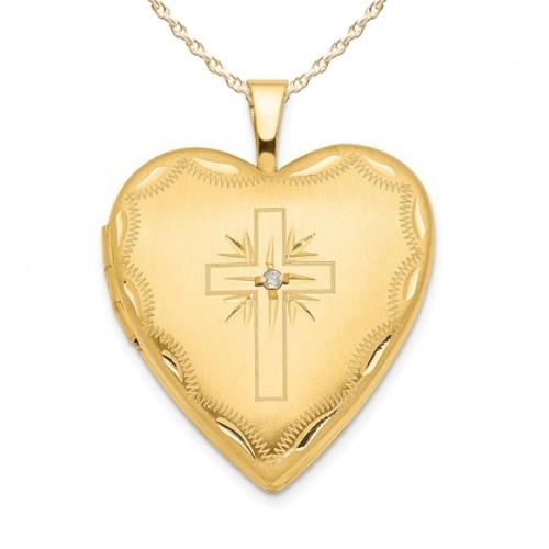 14K Gold Cross With Diamond Heart Photo Locket