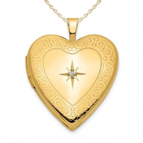 14K Gold Starburst Diamond Heart Photo Locket